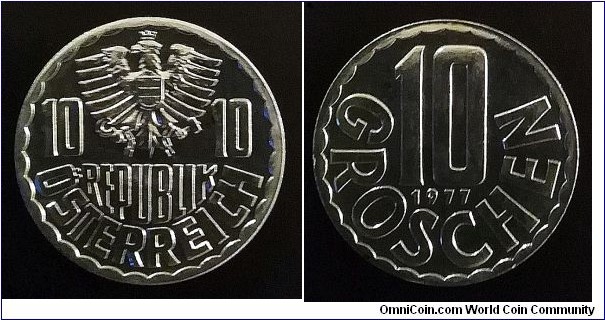 Austria 10 groschen  from 1977 proof coin set. Mintage: 44.000 pcs.