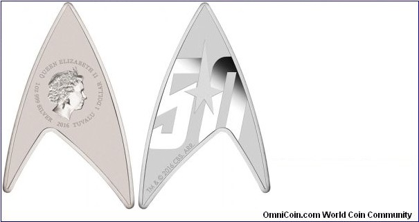 1 Dollar (Tuvalu - Ellice Islands / Queen Elizabeth II / Series: Star Trek - 50th Anniversary // SILVER 0.999 / 31.1g / Star Trek Insignia shape / Rare, Mintage: 5.000 pcs / PROOF)