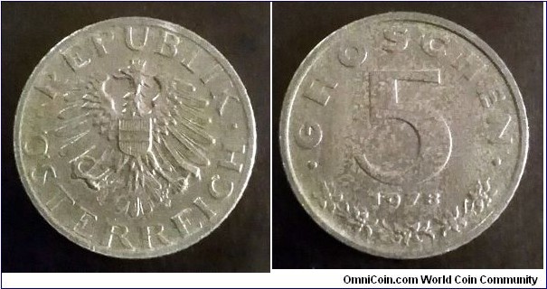 Austria 5 groschen from 1978 proof coin set. Zinc.