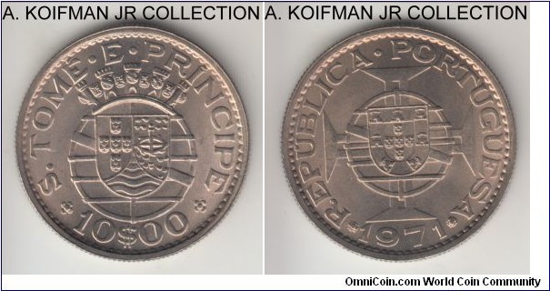KM-23, 1971 San Thomas and Prince 10 escudos; copper-nickel, reeded edge; late Portuguese colonial issue, 1-year typpe wioth small mintage of 100,000, nice brilliant uncirculated.