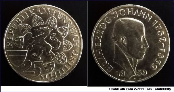 Austria 25 schilling. 1959, 100th Anniversary of the Death of Archduke Johann. Ag 800. Weight; 13g. Diameter; 30,5mm.