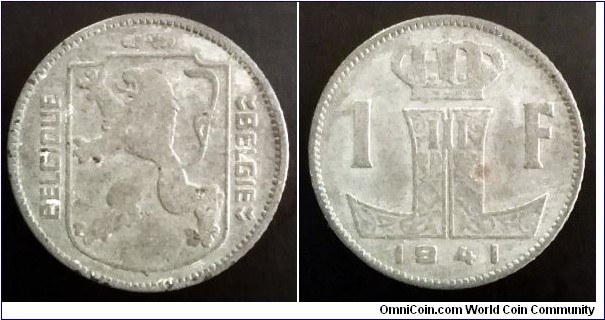 Belgium 1 franc. 1941, Zinc. Belgique-Belgie.