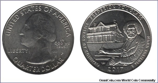 USA, 1/4 dollar, 2017, Cu-Ni, 24.26mm, 5.67g, MM: P, G. Washington; Frederick Douglass National Historic Site, District of Columbia.