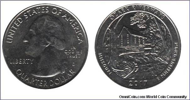 USA, 1/4 dollar, 2017, Cu-Ni, 24.26mm, 5.67g, MM: D, G. Washington, Ozark National Scenic Riverways, Missouri.