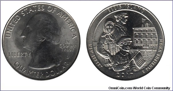 USA, 1/4 dollar, 2017, Cu-Ni, 24.26mm, 5.67g, MM: D, G. Washington, Ellis Island, New Jersey.