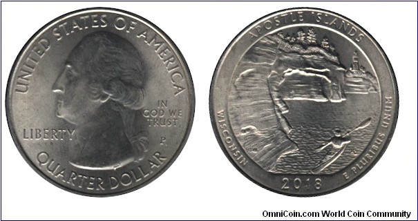 USA, 1/4 dollar, 2018, Cu-Ni, 24.26mm, 5.67g, MM: P, G. Washington, Apostle Islands, Wisconsin.