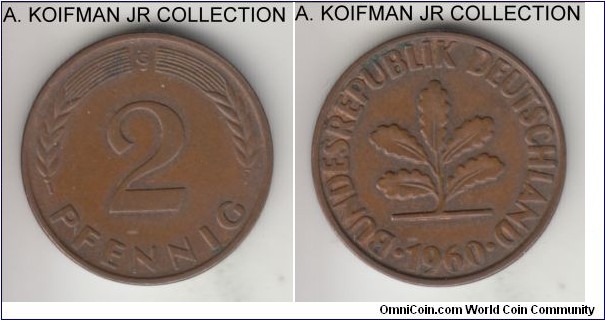 KM-106, 1960 Germany (Federal Republic) 2 pfennig, Karlsruhe mint (G mint mark); bronze, plain edge; smallest mintage of the type, light brown extra fine or almost.