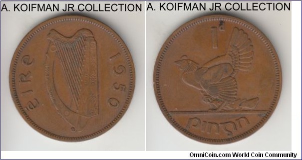 KM-11, 1950 Ireland penny; bronze, plain edge; common year, good very fine.