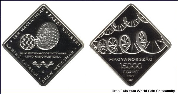 Hungary, 15000 forint, Ag, unusual shape, 31.46g, 38.61mm, Hungarian invention by Katalin Karikó, to be used by mRNS based vaccines.