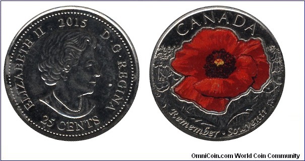 Canada, 25 cents, 2015, Ni-Steel, coloured, 4.4g, 23.88mm, Queen Elizabeth II, Remember - Souvenir.