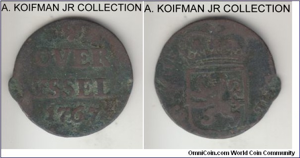 KM-102, 1767 Netherlands Overijssel duit; copper, plain edge; looks to be a commemorative issue not the circulation duit, although hard to ascertain, well worn and a flan damage.