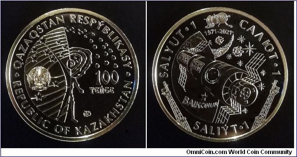 Kazakhstan 100 tenge. 2021, Orbital space station Salyut -1.