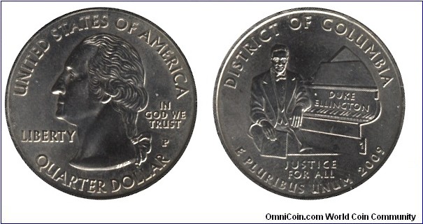 USA, 1/4 dollar, 2009, Cu-Ni, 5.67g, 24.26mm, MM: P, G. Washington, District of Columbia, Duke Ellington.