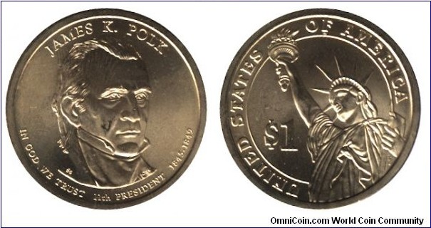 USA, 1 dollar, 2009, Mn-Brass, 8.07g, 26.50mm, James K. Polk, 11th President, 1845-49.