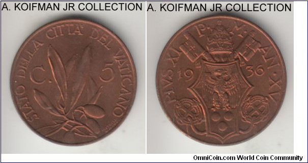 KM-1, 1936 Vatican 5 centesimi; bronze, plain edge; Year XV of Pius XI, deep dark red choice uncirculated, mintage 64,000.