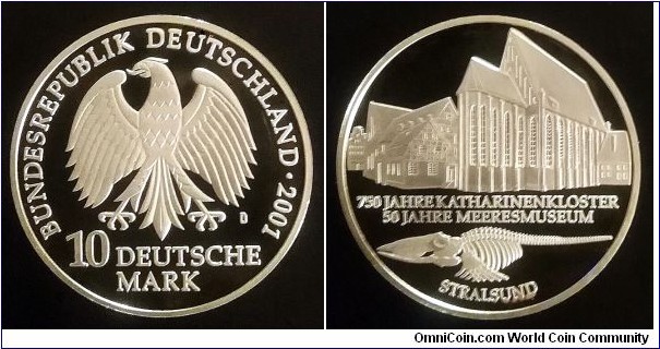 Germany 10 mark. 2001 D, Naval Museum Stralsund. Ag 925. Weight; 15,5g. Diameter; 32,5mm. Proof. Mintage: 165.260 pcs.