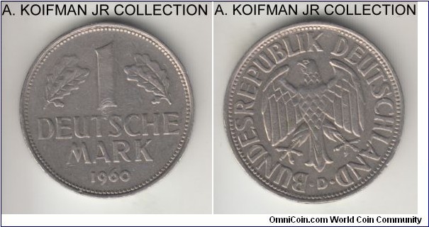 KM-110, 1960 Germany (Federal Republic) mark, Munich mint (D mint mark); copper-nickel, ornamented edge; circulation issue, good very fine, likely cleaned.