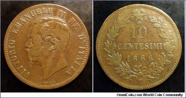 Italy 10 centesimi. 1866,  Victor Emmanuel II. T - Turin.