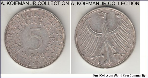 KM-112.1, 1960 Germany (Federal Republic) 5 mark, Munich mint (D mint mark); silver, lettered edge; small mintage year, very fine to good very fine.