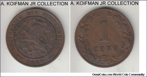 KM-107.1, 1880 Netherlands cent; bronze, reeded edge; Willem III, common, brown good very fine to extra fine.