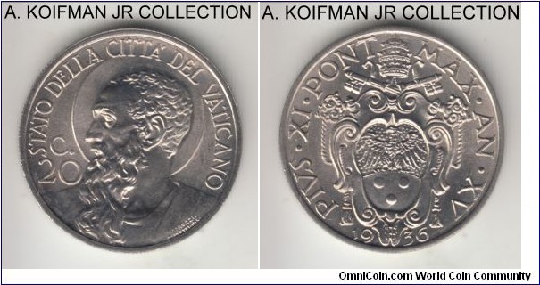 KM-3, 1936 Vatican 20 centesimi; nickel, reeded edge; Year XV of Pius XI, mintage 64,000, choice brilliant uncirculated.