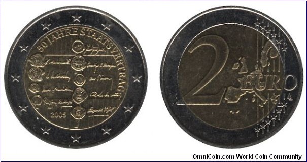 Austria, 2 euro, 2005, Cu-Ni-Ni-Brass, bi-metallic, 8.5g, 25.75mm, 50 Jahre Staatsvertrag, 50th Anniversary of the State Treaty.