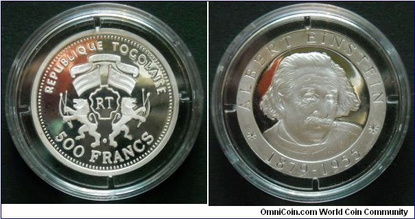 Togo 500 francs. 2000, 120th Anniversary of the birth of Albert Einstein. Ag 999. Weight; 6,93g. Diameter; 30,4mm. Proof. Mintage: 5.000 pcs.