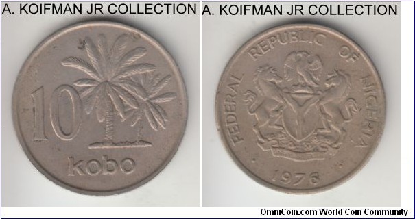 KM-10.1, 1976 Nigeria 10 kobo; copper-nickel, security reeded edge; 3-year type, toned and a bit dirty uncirculated or almost.
