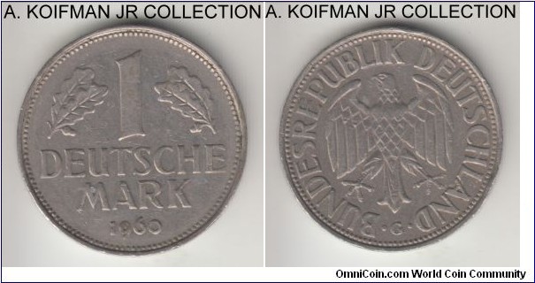 KM-110, 1960 Germany (Federal Republic) mark, Karlsruhe mint (G mint mark); copper-nickel, ornamented edge; circulation issue, average very fine.