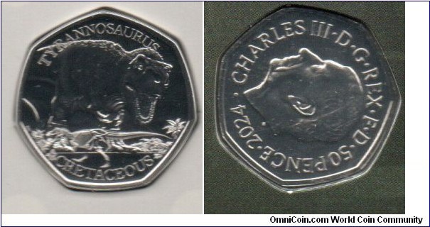 Issued 2023, Dated 2024 50p Tyrannosaurus Rex