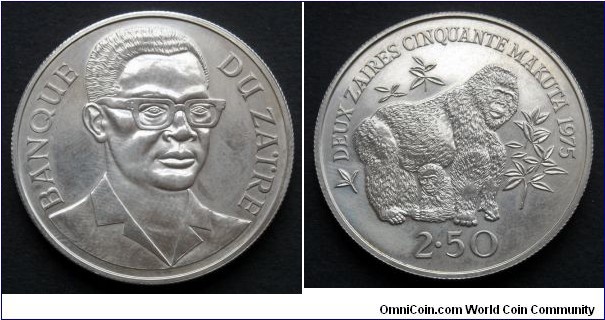 Zaire (Democratic Republic of the Congo) 2 1/2 zaires. 1975, Mountain gorilla. Ag 925. Weight; 28,28g. Diameter; 38,6mm. Mintage: 5.735 pcs. 