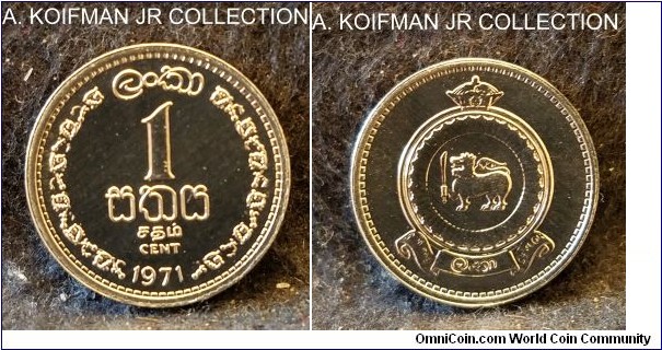 KM-127, 1971 Ceylon cent; proof, aluminum, plain edge; Elizabeth II, last pre-independence coinage, mintage 20,000 in sets, gem bright proof.