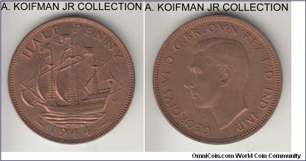 KM-844, 1944 Great Britain half penny; bronze, plain edge; George VI, war time issue, red brown uncirculated or almost.