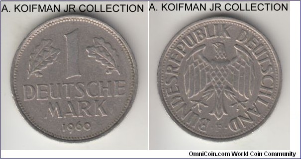 KM-110, 1960 Germany (Federal Republic) mark, Stuttgart mint (F mint mark); copper-nickel, ornamented edge; circulation issue, very fine to good very fine.