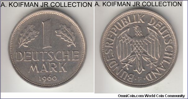 KM-110, 1960 Germany (Federal Republic) mark, Stuttgart mint (F mint mark); copper-nickel, ornamented edge; circulation issue, good extra fine.