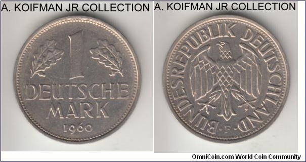 KM-110, 1960 Germany (Federal Republic) mark, Stuttgart mint (F mint mark); copper-nickel, ornamented edge; circulation issue, very fine to good very fine.