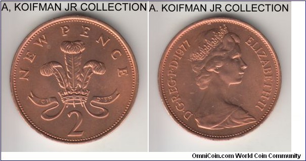 KM-916, 1977 Great Britain 2 new pence; bronze, plain edge; Elizabeth II, early large decimal type, the badge of the Prince of Wales on reverse, red uncirculated.