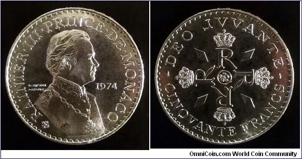 Monaco 50 francs. 1974, 25th Anniversary of the Reign of Prince Rainier III. Ag 900. Weight; 30g. Diameter; 41mm. Mint; Monnaie de Paris. Mintage: 43.000 pcs.