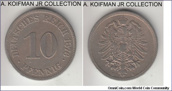 KM-6, 1876 Germany (Empire) 10 pfennig, Muldenhutten mint (E mint mark); copper-nickel, plain edge; Wilhelm I, very fine or about, old cleaning.