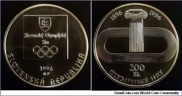 Slovakia 200 korun. 1996, 100th Anniversary of Olympic Games - Slovak Olympic Team. Ag 750. Weight; 20g. Diameter; 34mm. Mintage: 23.000 pcs.
