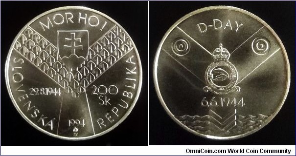 Slovakia 200 korun. 1994, 50th Anniversary of D-Day and Slovak Uprising in 1944. Ag 750. Weight; 20g. Diameter; 34mm. Mintage: 37.600 pcs.