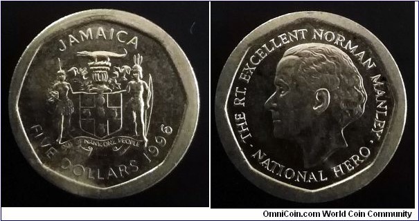Jamaica 5 dollars. 1996