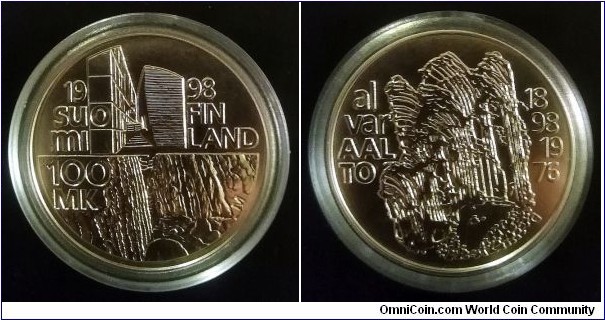 Finland 100 markkaa. 1998, Alvar Aalto. Ag 925. Weight; 22g. Diameter; 35mm. Mintage: 44.000 pcs.