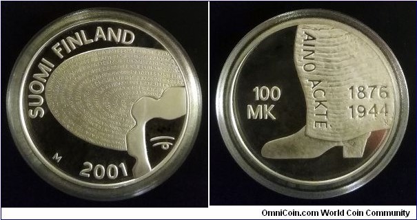 Finland 100 markkaa. 2001, Aino Ackte. Ag 925. Weight; 31,2mm. Diameter; 31,2mm. Proof. Mintage: 12.000 pcs.