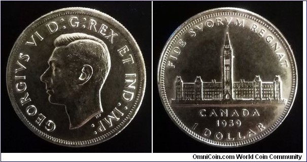 Canada 1 dollar. 1939, Royal Visit. Ag 800. Weight; 23,32g Diameter; 36,06mm. 