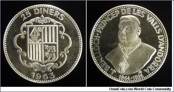 Andorra 25 diners. 1963 (1965) Bishop Benlloch of Urgel. Ag 900. Weight; 14g. Diameter; 29mm. Proof. Mintage: 1.350 pcs.