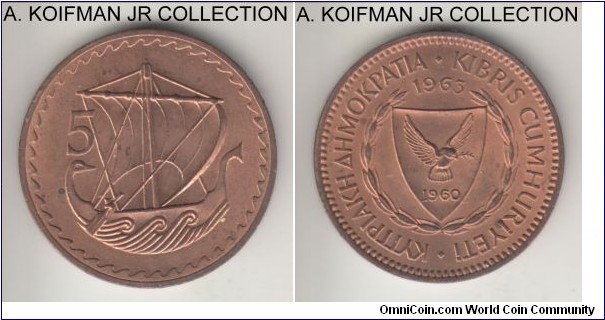 KM-39, 1963 Cyprus 5 mils; bronze, plain edge, Republican issue, business strike mostly red uncirculated.