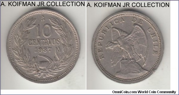KM-166, 1937 Chile 10 centavos; copper-nickel, plain edge; good extra fine.
