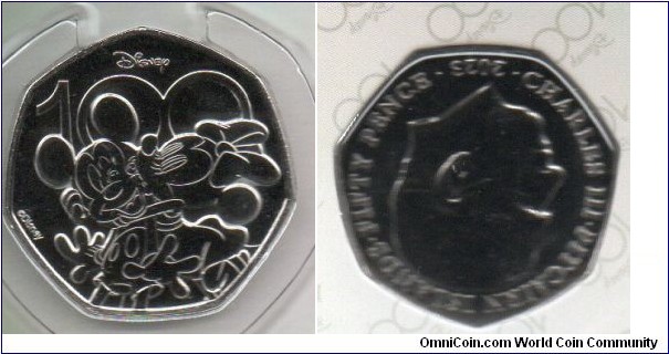 Pitcairn Islands 50p Mickey & Minnie Mouse - Disney 100th Anniversary