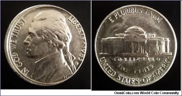 Off-centre strike 1983 P Jefferson nickel.